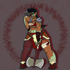 A digital drawing of Cryptid's OC, Rhe'ngar, if she was in an alternate universe where she followed the path of evil. Rhe'ngar is a copper-skinned half-orc with green piebald splotches and heavy scarring. She is missing her right eye, which is covered with