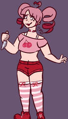 A fullbody, flat-color painted drawing of CryptidTiger's OC, Cerise. Cerise has anime-esque drill hair/pigtails that are very exaggerated. Her hair is pink and fades to a gradient red closer to the bottom. Her accessories are a pink choker with a heart rin